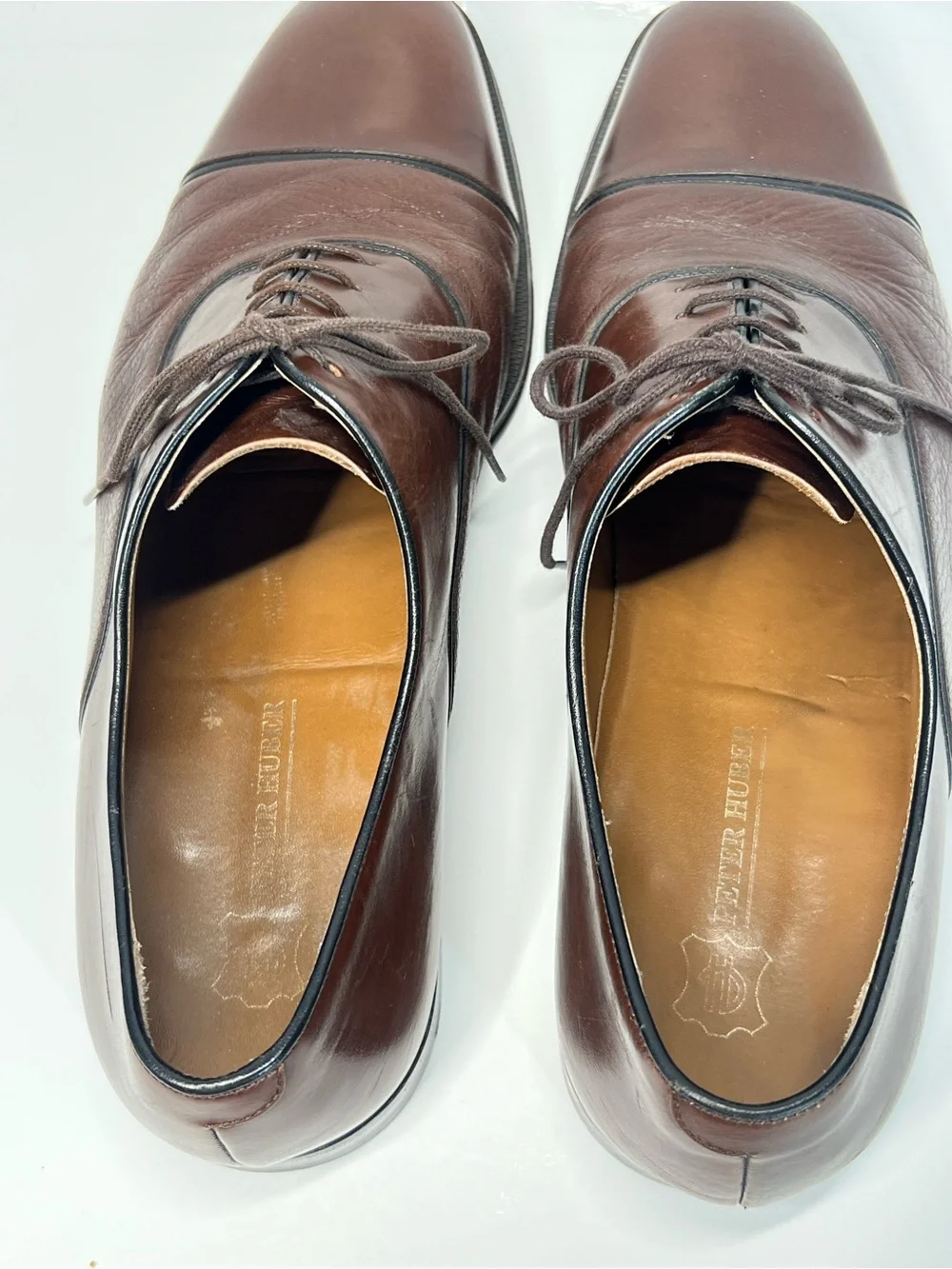 PETER HUBER Brown Leather Cap Toe Oxford Dress Shoes 12 Narrow Classic Lace